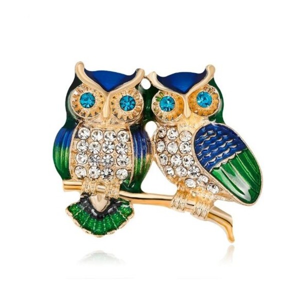 2 Gold Blue Green OWL Pin Brooch Rhinestones Bird WHO? - Picture 1 of 6